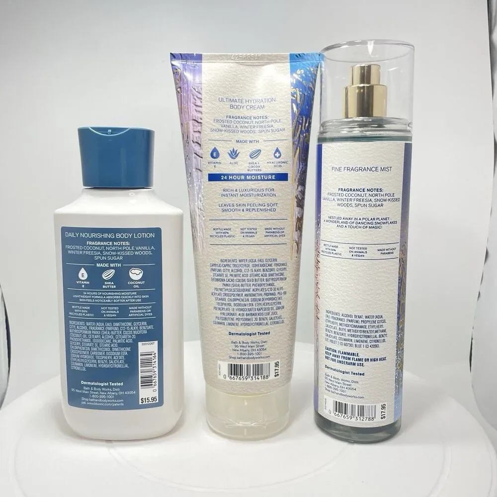 Bath & Body Works Frosted Coconut Snowball 3 Pc Set Mist Cream Lotion Retired